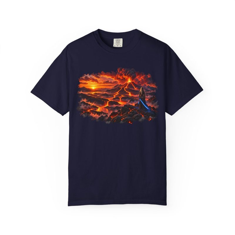 Volcano Adventure fantasy nature graphic T-shirt by Anna: Back to Nature, front view
