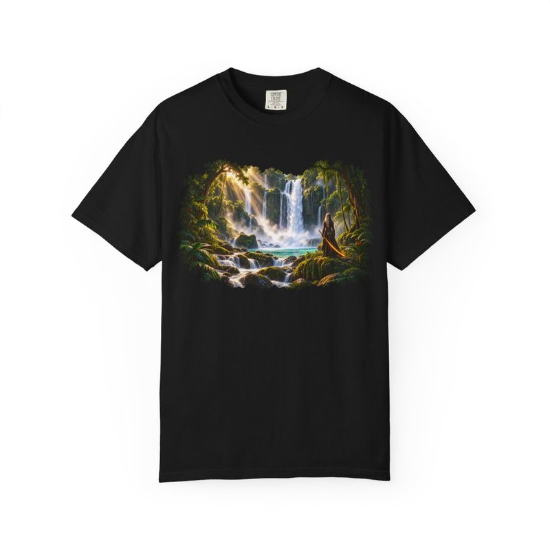 Hidden Waterfall Adventure fantasy nature graphic T-shirt by Anna: Back to Nature, front view
